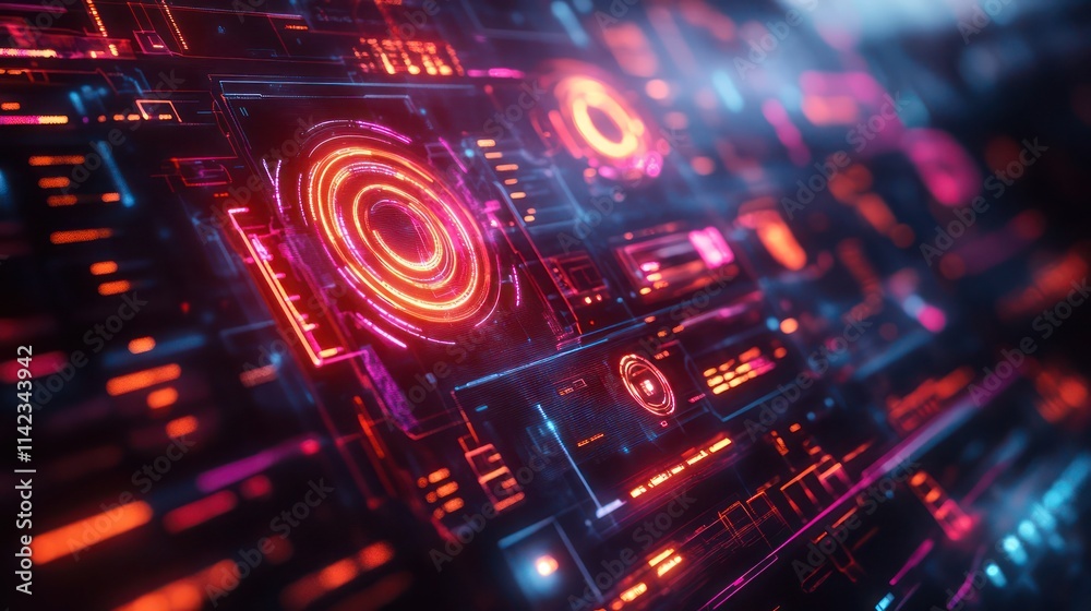 Futuristic digital dashboard with glowing holographic elements and vibrant colors. Futuristic digital dashboard with glowing holographic elements and vibrant colors.