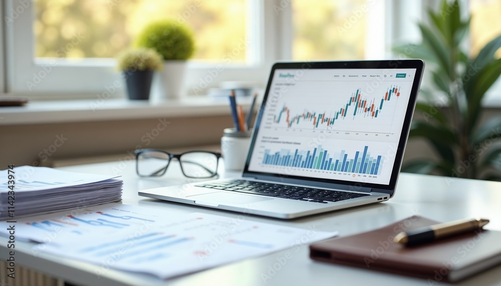 Photorealistic style, a clean desk with an open laptop displaying investment portfolio charts, modern and professional Photorealistic style, a clean desk with an open laptop displaying investment portfolio charts, modern and professional
