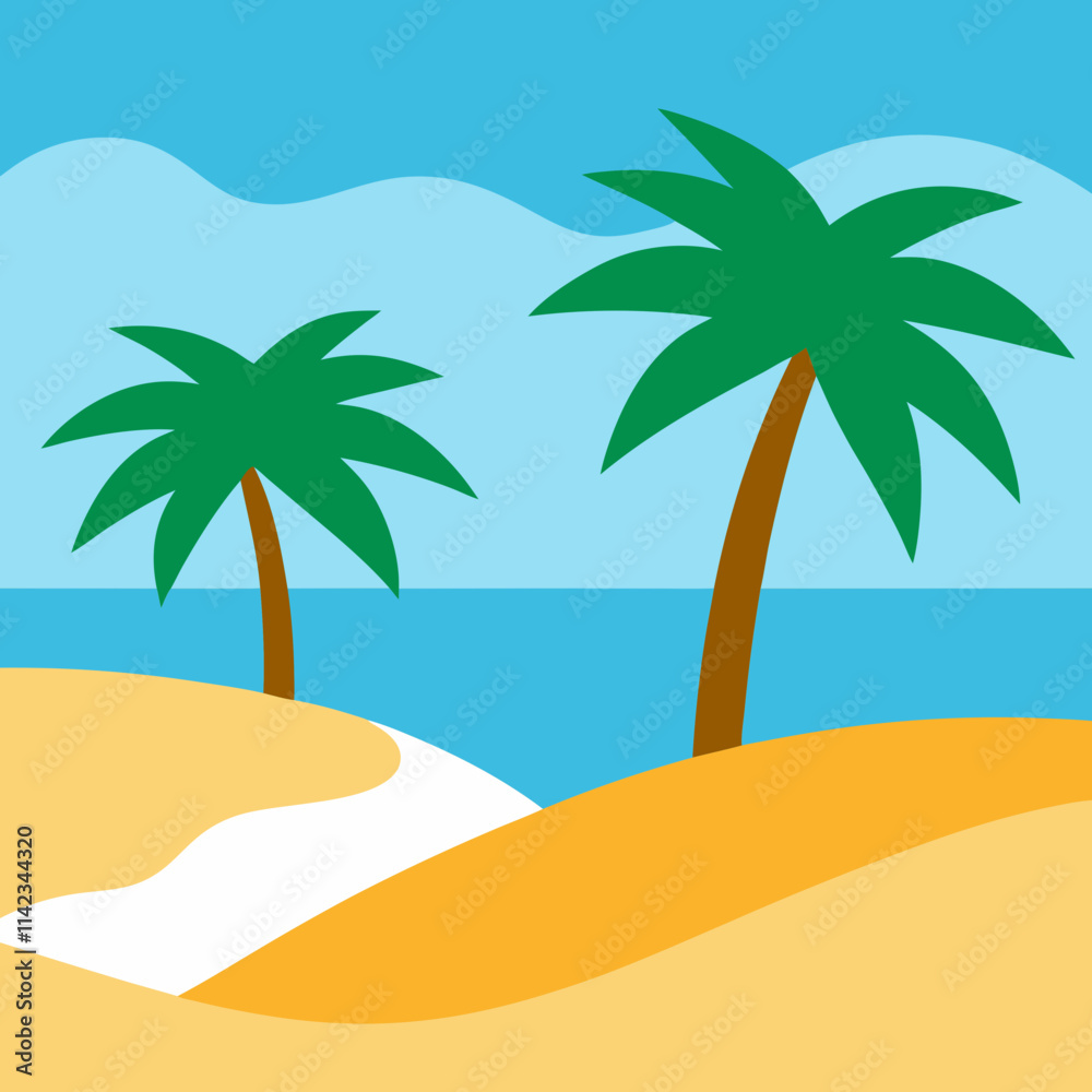 Minimalist Tropical Beach Illustration with Calm Waves and Golden Sand Minimalist Tropical Beach Illustration with Calm Waves and Golden Sand