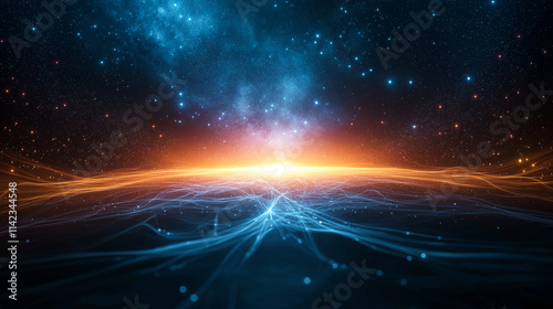 stunning abstract background featuring glowing light and vibrant colors, showcasing cosmic scene with blue and orange hues, creating sense of depth and wonder