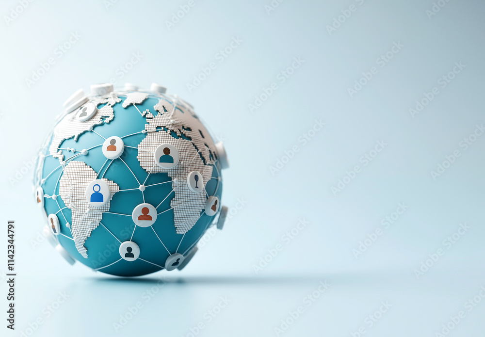 Digital globe representing social networks and global connectivity, showcasing interconnected people icons on blue background. This symbolizes communication and collaboration worldwide Digital globe representing social networks and global connectivity, showcasing interconnected people icons on blue background. This symbolizes communication and collaboration worldwide