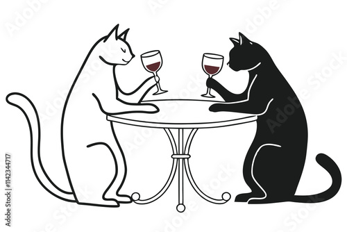 two cats sitting at the table and drinking wine, in one-line drawing, figure outline only, single line, simple, in the style of one-line, single line drawing, black line on white background
