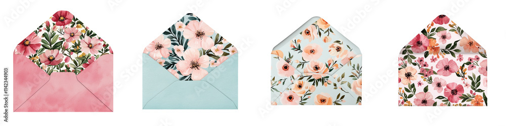 Set of floral envelopes and postcards with beautiful botanical patterns in soft pastel colors of pink blue and turquoise  Romantic and elegant design with flowers leaves