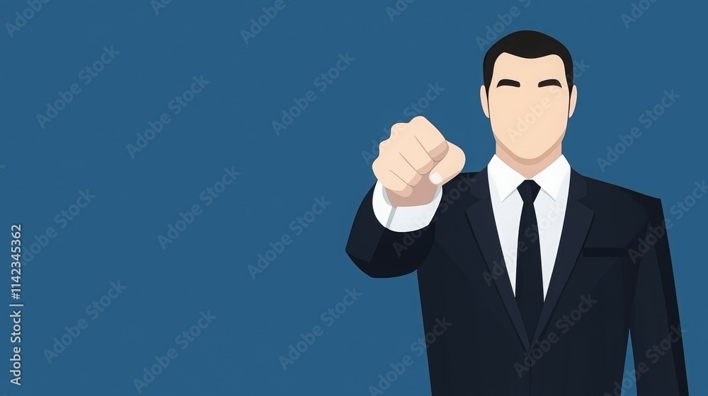 A faceless businessman in a suit points forward against a blue background, symbolizing authority. A faceless businessman in a suit points forward against a blue background, symbolizing authority.