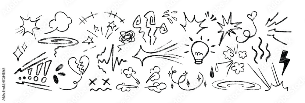 Line movement elements, anime manga doodle set. Black crayon comic emotion symbols, emoji icons. Hand drawn chalk pencil explosion effects, charcoal expression signs, exclamation marks or action lines