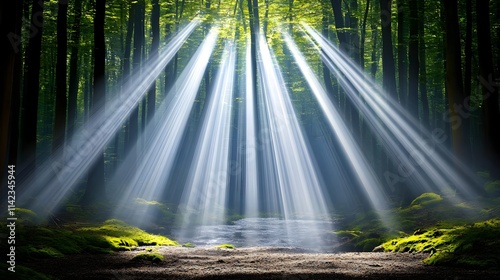 Sunlight Beams Piercing Through Lush Green Canopy in a Serene Forest Setting, Casting Mystical Rays Over Mossy Ground and Creating Enchanting Atmosphere