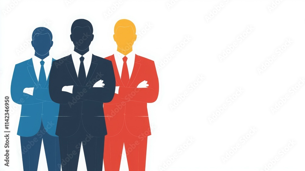 Three stylized figures in suits, representing business professionals, with a minimalist design. Three stylized figures in suits, representing business professionals, with a minimalist design.