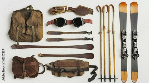 Vintage Ski Gear Arrangement with Goggles, Skis, and Poles