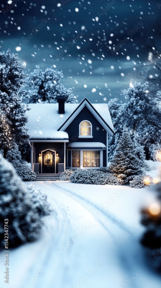 Naklejka premium Flakes of snow gently fall around a Swedish house in the woods, soft lights shining through the snowy landscape and blurred tree silhouettes