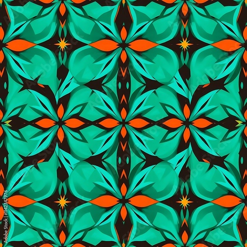 Seamless Pattern Abstract Turquoise Orange: A vibrant, eye-catching seamless pattern featuring abstract floral motifs in shades of turquoise, orange, and black. Ideal for backgrounds, textiles.