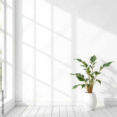 Minimalist interior with hanging plants and sunlight casting shadows on clean white walls