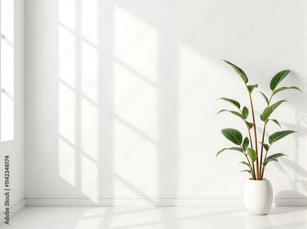 Minimalist interior with hanging plants and sunlight casting shadows on clean white walls Minimalist interior with hanging plants and sunlight casting shadows on clean white walls