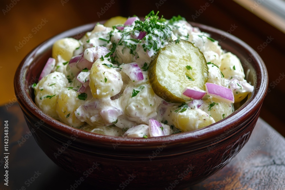 Creamy potato salad with pickles and red onions, garnished with fresh parsley. Perfect for potlucks, barbecues, or any summer gathering. Creamy potato salad with pickles and red onions, garnished with fresh parsley. Perfect for potlucks, barbecues, or any summer gathering.