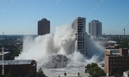 Downtown building demolition by controlled implosion photo