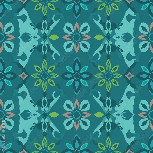 Teal Floral Damask Seamless Pattern 