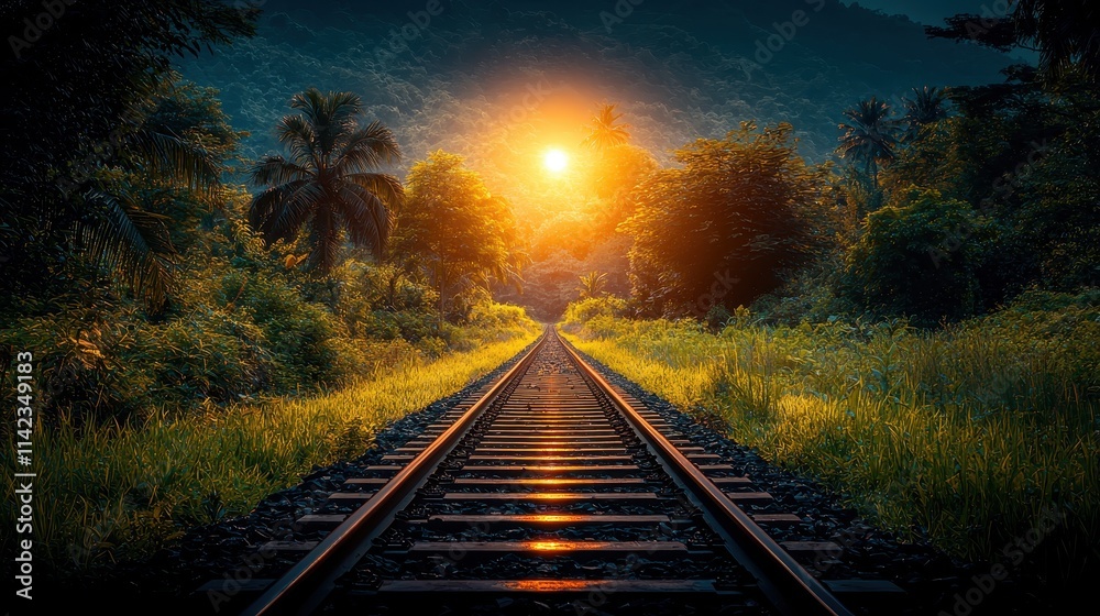 Fototapeta premium Scenic Railway Track Amidst Lush Green Landscape