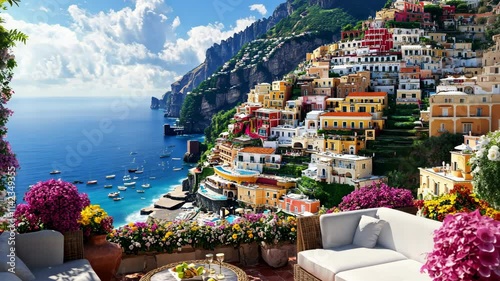 Beautiful coastal view of Positano with colorful buildings and vibrant flowers along the Amalfi Coast during sunny weather