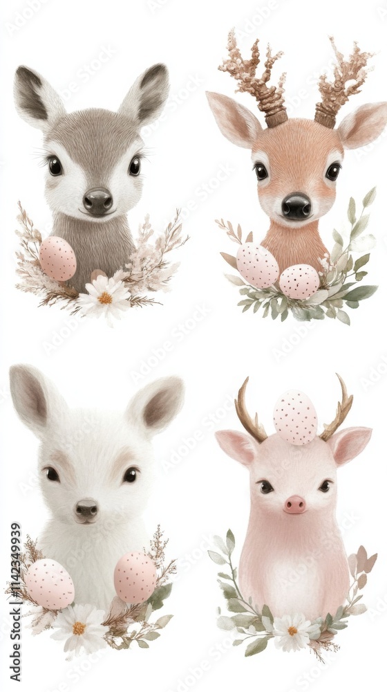 Fototapeta premium Adorable illustrated deer with eggs, perfect for spring decor