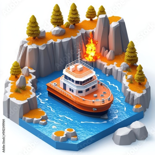 Oil ship tanker on fire isometric 3d vector illustration concept for banner, website, illustration, landing page, flyer, etc photo