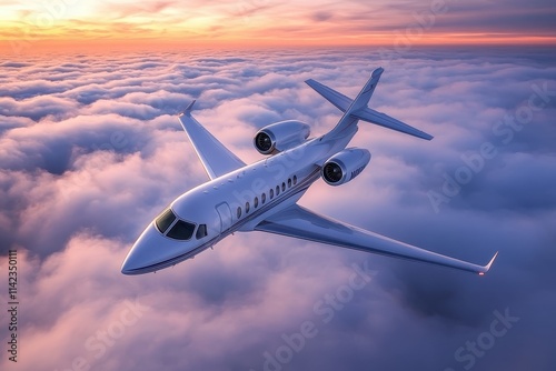 Private jet flying above clouds at sunset. Perfect for travel, luxury, and success concepts. photo