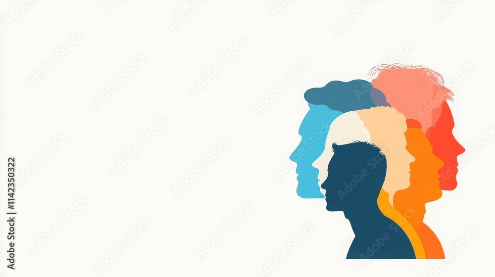 Silhouettes of diverse human profiles in varying colors, symbolizing individuality and unity. Silhouettes of diverse human profiles in varying colors, symbolizing individuality and unity.