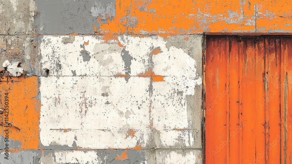 Naklejka premium Weathered Concrete Wall with Orange Paint and Rustic Wooden Door Detail
