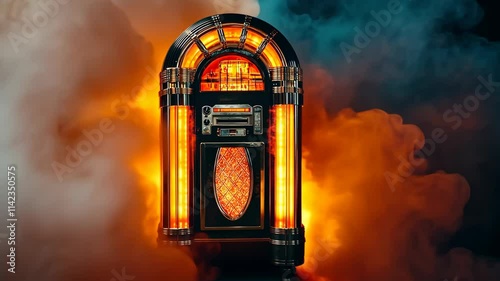 Vintage jukebox emits warm glow amidst colorful smoke at a lively retro party setting