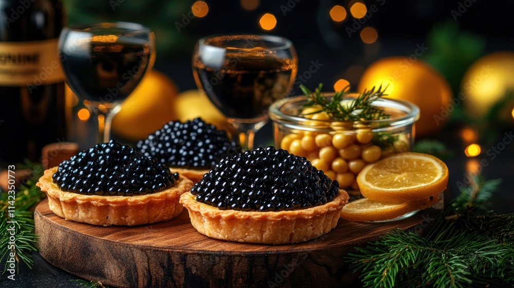 Exquisite caviar tarts served with wine and candied fruits on a wooden board. Festive holiday setting.