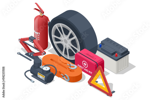 Isometric illustration of essential car emergency and maintenance tools, including a fire extinguisher, tire, car battery, air compressor, jack, warning triangle, tow strap, and first aid kit.