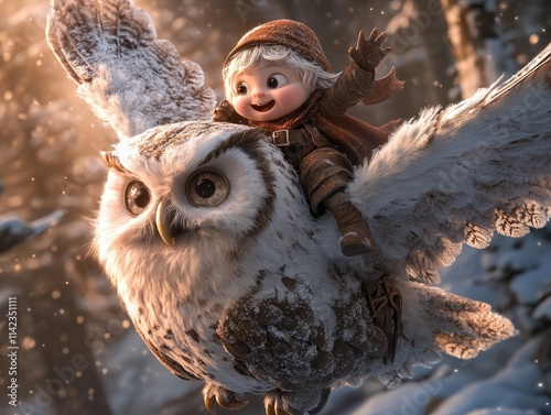 A cute gnome riding an owl in the air photo