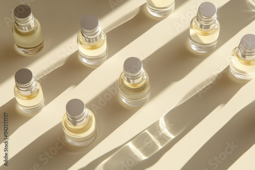 Glass vials with dropper lid in sunlight on beige background. Diagonal flat lay of unmarked containers with cosmetic serum with hard shadows. Close-up, vertical image 