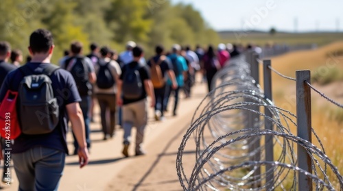 Migrants Walking Along a Path Beside Barbed Wire in the Countryside