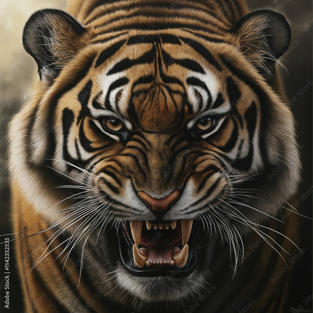 Fototapeta premium Tiger head. Powerful predator, big cat, wild animal, close-up, fierce gaze, animal strength, striped fur, tiger face, white background, staring eyes.