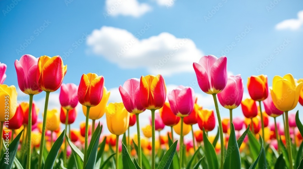 Obraz premium Vivid Tulips Blooming Under a Clear Blue Sky in a Sunny Field