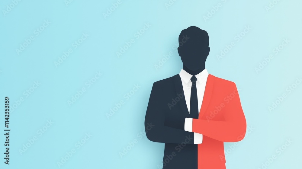 A stylized silhouette of a businessman, half in black and half in red, symbolizing duality. A stylized silhouette of a businessman, half in black and half in red, symbolizing duality.