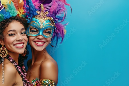Smiling women in vibrant carnival attire and masks on blue.