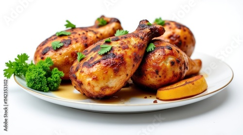 Perfectly Grilled Chicken Legs Garnished With Fresh Herbs and Lemon