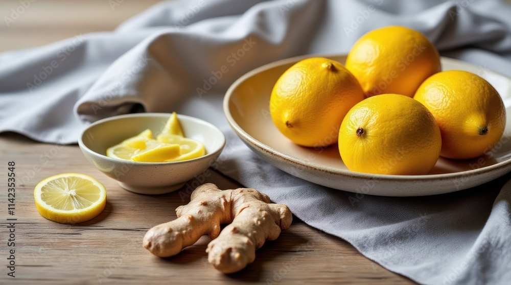 Fresh Lemons and Ginger on Wooden Table With Soft Cloth in Studio Light Fresh Lemons and Ginger on Wooden Table With Soft Cloth in Studio Light
