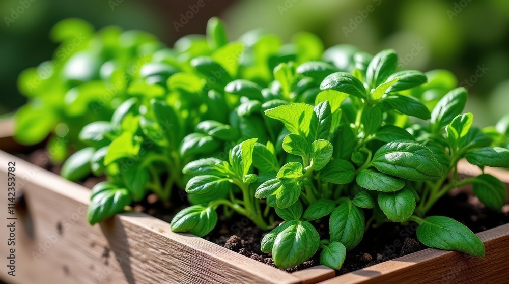 Wooden Garden Bed Thriving With Fresh Green Herbs in Rustic Setting Wooden Garden Bed Thriving With Fresh Green Herbs in Rustic Setting