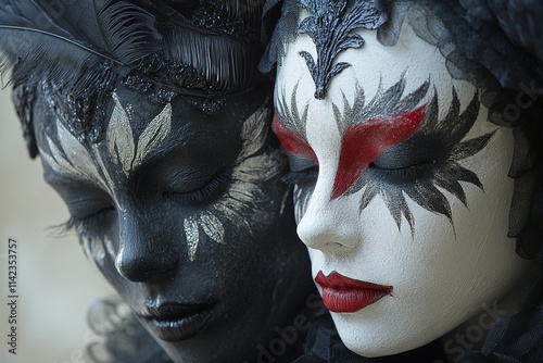 Venetian masks in black and red with intricate designs photo