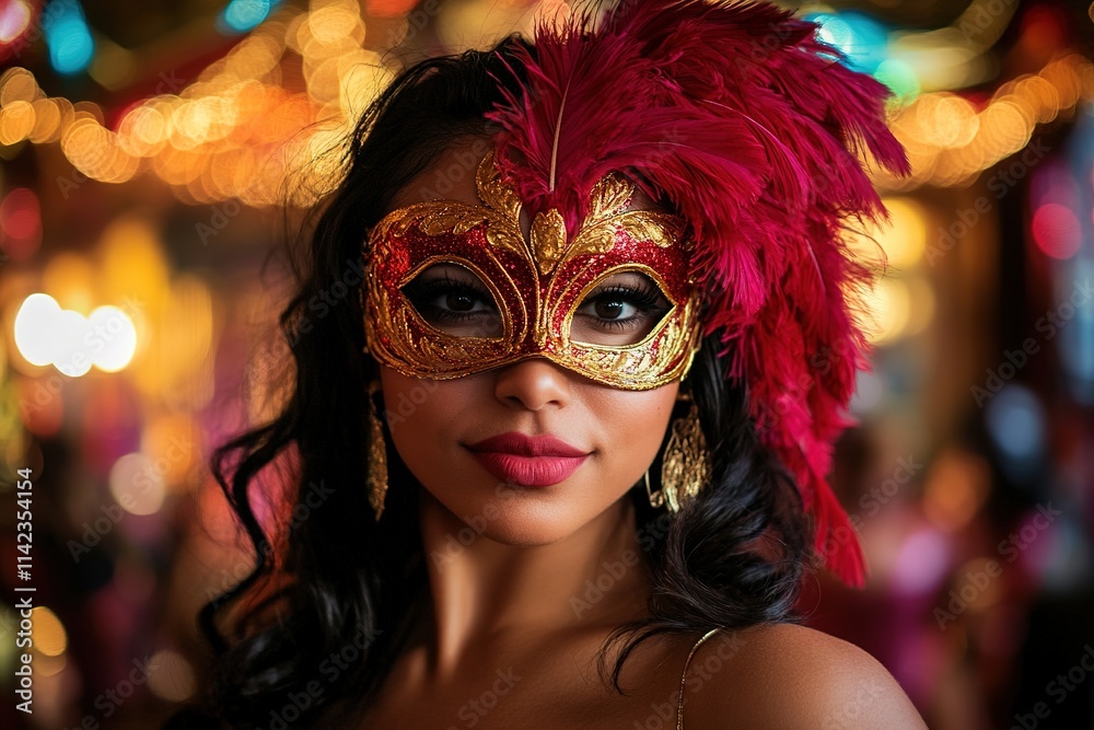 Woman in ornate mask with feathers at festive event Woman in ornate mask with feathers at festive event