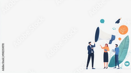 Illustration of people discussing ideas with a megaphone and speech bubbles.