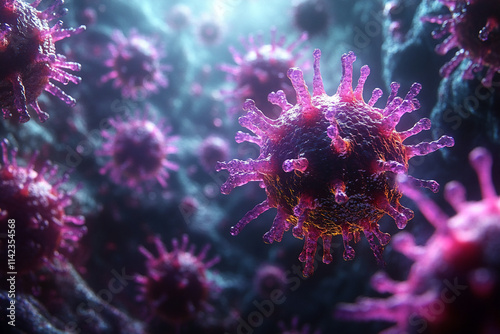 A science-inspired cinematic depiction of a virus swarm, with multiple virus particles floating in a dark, moody environment.