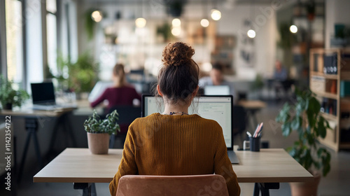 An office worker, sitting at an office desk, with a laptop. Modern, well-lit office. In the background, other employees, at their workstations.