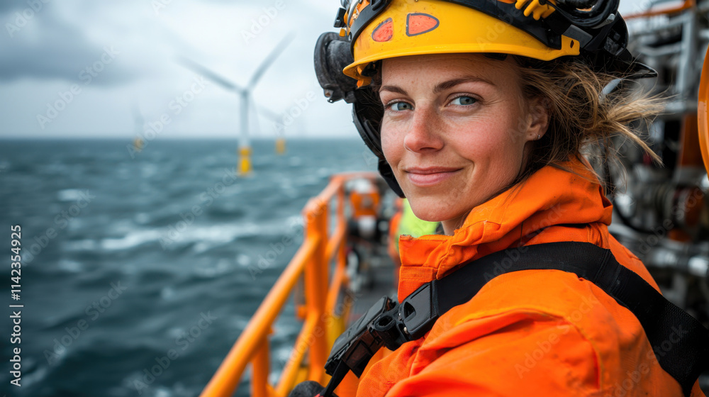 descriptionFemale offshore wind turbine technician smiling at sea, wearing safety gear descriptionFemale offshore wind turbine technician smiling at sea, wearing safety gear