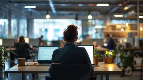 An office worker, sitting at an office desk, with a laptop. Modern, well-lit office. In the background, other employees, at their workstations.