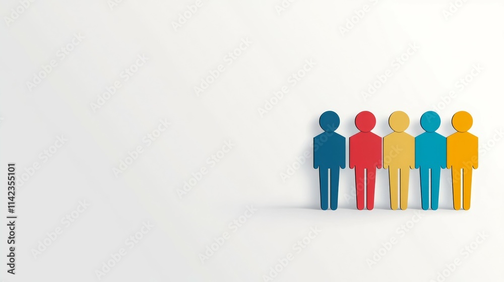 Five colorful human figures standing in a row against a minimalist background. Five colorful human figures standing in a row against a minimalist background.