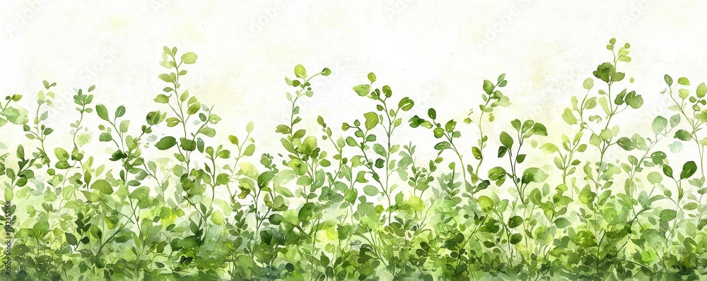Serene Watercolor Illustration of Lush Green Foliage and Delicate Leaves on a White Background Serene Watercolor Illustration of Lush Green Foliage and Delicate Leaves on a White Background