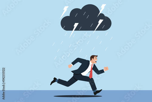 Businessmen running under storm clouds, lightning, and rain. Concept of crisis, catastrophe, misfortune, escaping disaster, failure, stress, anxiety, work pressure, problem-solving, and adversity.