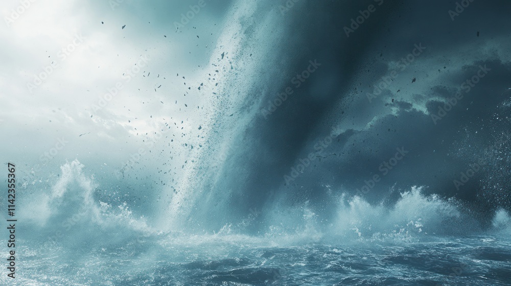 Obraz premium Dynamic image of a tornado spinning rapidly over an open ocean, with strong winds creating towering water spouts
